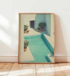 Swimming Poster, Retro Print, Beachy Wall Art, Blue Summer Ocean Dopamine Decor, Beach Coastal Decor - thumbnail 1