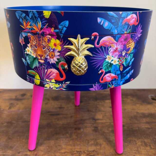 Round Hot Pink Bedside Table, Navy Blue Leopard & Flamingo Design. Wooden Cheetah Side Table With Drawer. Quirky Nightstand Bedroom - image 1