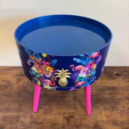 Round Hot Pink Bedside Table, Navy Blue Leopard & Flamingo Design. Wooden Cheetah Side Table With Drawer. Quirky Nightstand Bedroom - thumbnail 3