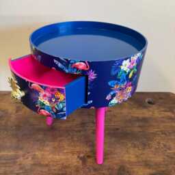 Round Hot Pink Bedside Table, Navy Blue Leopard & Flamingo Design. Wooden Cheetah Side Table With Drawer. Quirky Nightstand Bedroom - thumbnail 2