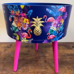 Round Hot Pink Bedside Table, Navy Blue Leopard & Flamingo Design. Wooden Cheetah Side Table With Drawer. Quirky Nightstand Bedroom