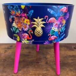 Round Hot Pink Bedside Table, Navy Blue Leopard & Flamingo Design. Wooden Cheetah Side Table With Drawer. Quirky Nightstand Bedroom - thumbnail 4