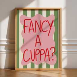 Fancy A Cuppa? Print, Unframed Art, Bold Funky Kitchen Poster, Typography, Gallery Wall, Dinner, Food, Trendy Quirky Green Pink, Tea - thumbnail 1