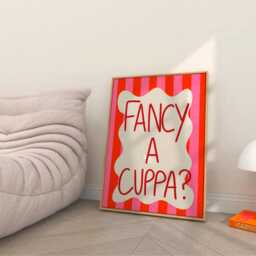 Fancy A Cuppa? Print, Unframed Art, Bold Funky Kitchen Poster, Typography, Gallery Wall, Dinner, Food, Trendy Quirky Green Pink, Tea - thumbnail 2