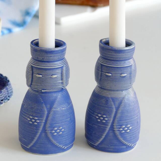 3D Printed Clay Candlesticks, Inspired By Kokeshi Doll, Pair Of Shabbat Candleholders, Off White Ceramic With Blue Glaze, Early Bird Sale - image 1
