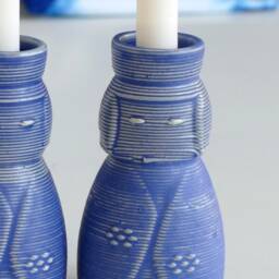 3D Printed Clay Candlesticks, Inspired By Kokeshi Doll, Pair Of Shabbat Candleholders, Off White Ceramic With Blue Glaze, Early Bird Sale - thumbnail 4
