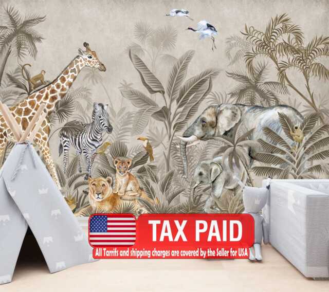 Watercolor Safari Animals Wallpaper Mural, Peel & Stick Wall Decal - image 1