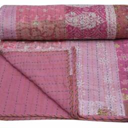 Indain Cotton Patchwork Print Kantha Quilt Queen Bedspread Bedding Bohemian - thumbnail 2