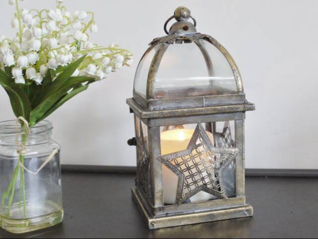 Rustic Gold Metal Star Candle Lantern - Themed Holder Luxury & Glass Home Gift - image 1