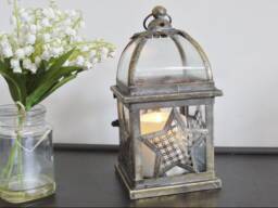 Rustic Gold Metal Star Candle Lantern - Themed Holder Luxury & Glass Home Gift