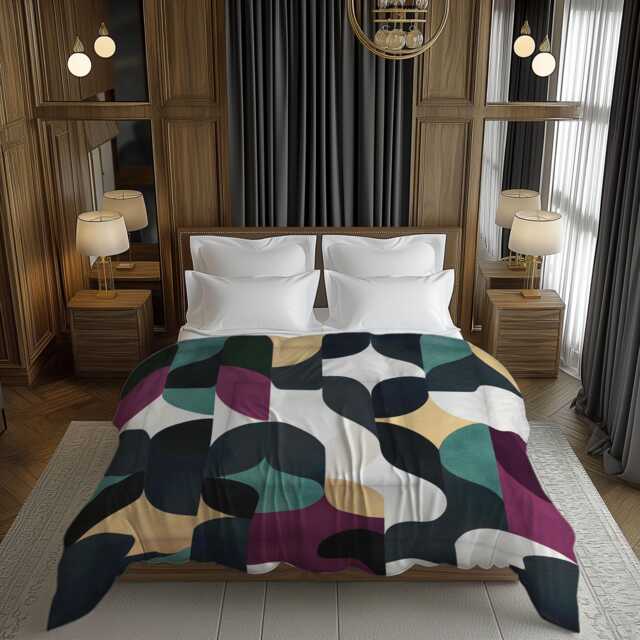 Colorful Midcentury Modern Geometric Pattern Comforter, Brown Purple Green Yellow Scandinavian Bedding, Eclectic Bedroom Decor #261 - image 1
