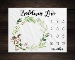 Cow Milestone Blanket Monthly Growth Tracker Soft Fleece Baby Shower Gift Newborn Watch Me Grow Boy Farm - thumbnail 1