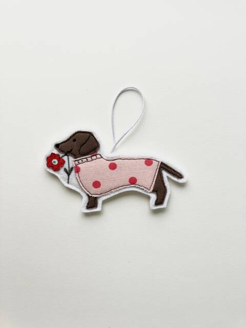 Dachshund Valentines Decoration, Sausage Dog, Christmas Tree, Love, Hanging Embroidery Art, Polka Dot, Anniversary, Dog Lover - image 1