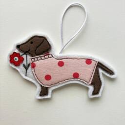 Dachshund Valentines Decoration, Sausage Dog, Christmas Tree, Love, Hanging Embroidery Art, Polka Dot, Anniversary, Dog Lover - thumbnail 2