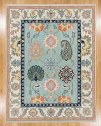 Handmade Wool Oushak Rug 9x12, Turkish Peacock Floral Design, Pastel Colors Area - thumbnail 1