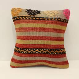 Vintage Turkish Kilim Pillow Cover, Boho Throw Cushion - 12x12 Inches - thumbnail 1
