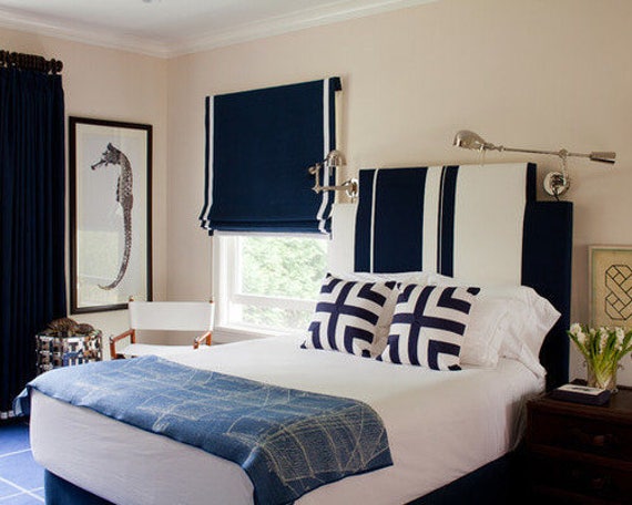 Custom Relaxed Roman Shade, Navy With White Border, Faux Linen - image 1
