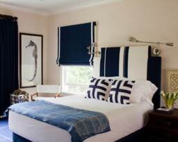 Custom Relaxed Roman Shade, Navy With White Border, Faux Linen - thumbnail 1