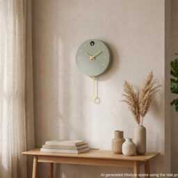 Linden Green Cuckoo Clock, Saffron Details, Minimalist Wall Decor, Modern Wooden Design - thumbnail 2