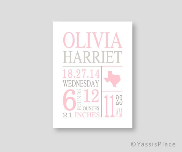 Baby Girl Birth Stats Print, Pink Gray Wall Art For Nursery, Little Announcement Personalized Keepsake Baby Gift - image 1