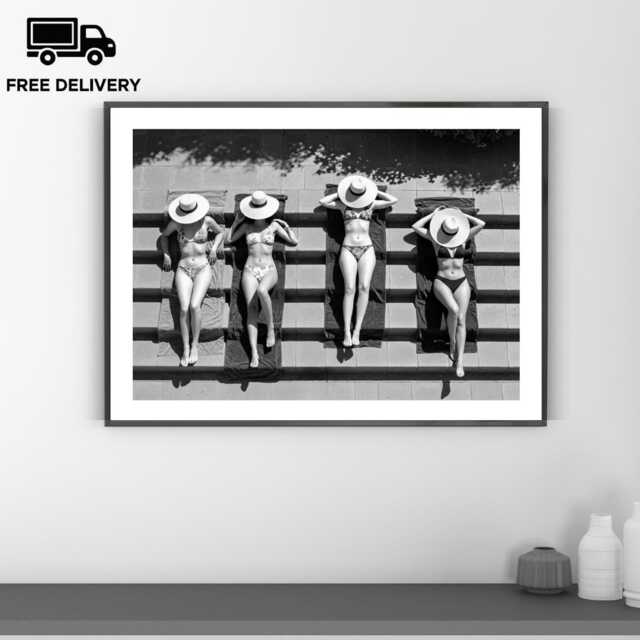 Vintage Girls Sunbathing Lounge Print, Luxury Fashion, Fine Art Photography Wall Art, Museum Quality Classic Black & White Poster - image 1