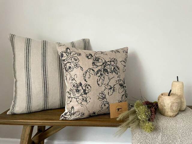 Flowers & Stripes - Charcoal Pattern Linen Modern Farmhouse Cushion Cover Bundle - image 1