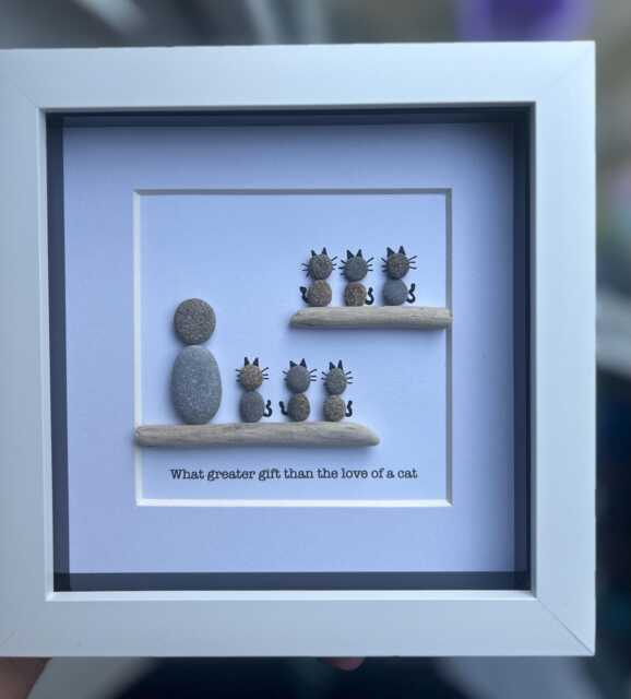 Pebble Art Gift For Cat Lovers, What Greater Than The Love Of A Cat, Personalised Birthday Framed Art, Lovers - image 1