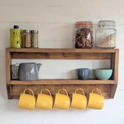 Rustic Reclaimed Wooden Kitchen Mug Shelf With Double For Extra Storage, Great Spices, Coffee Equipment, Jars Etc - thumbnail 2