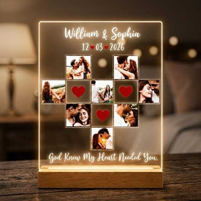 Custom Couple Photo Led Night Light, Personalized Heart Collage Lamp, Couples Anniversary Valentine Gift, Romantic Acrylic Plaque - image 1