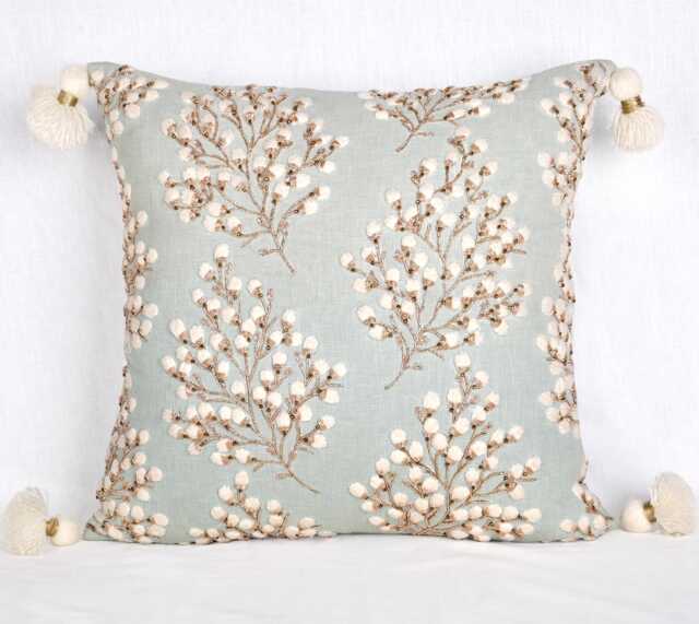 Light Blue Floral Embroidered Pillow Cover, Gold Zardosi Accents - Bmcc305 - image 1