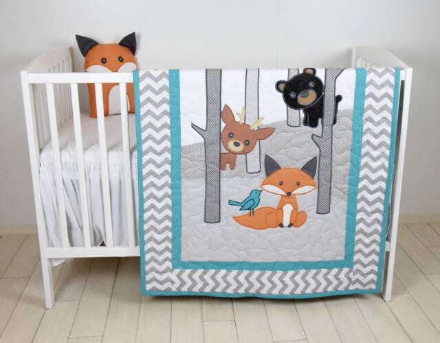 Woodland Blanket, Baby Boy Or Girl Crib Bedding, Forest Nursery Quilt, Cute Fox, Bear, Deer Blanket - image 1
