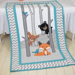 Woodland Blanket, Baby Boy Or Girl Crib Bedding, Forest Nursery Quilt, Cute Fox, Bear, Deer Blanket - thumbnail 2
