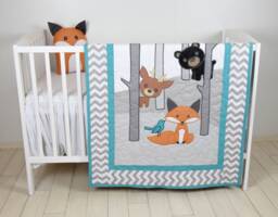 Woodland Blanket, Baby Boy Or Girl Crib Bedding, Forest Nursery Quilt, Cute Fox, Bear, Deer Blanket - thumbnail 1