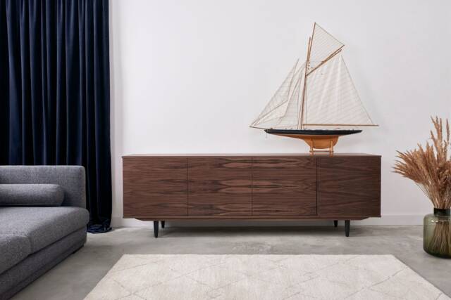 Veneer Walnut Long Tv Cabinet With 4 Doors Sideboard in Modern Mid-Century Style For Living Room Or Bedroom Livlo O-S08 - image 1