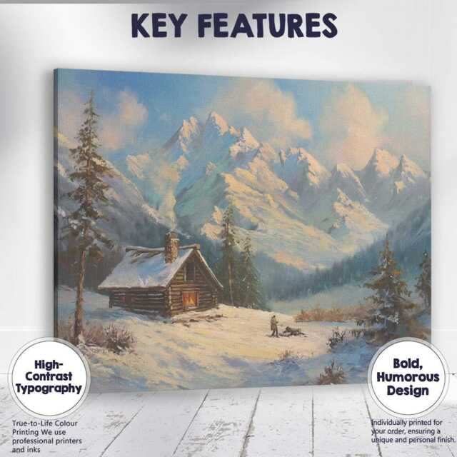 Snowy Mountain Cabin Winter Landscape Painting Canvas Wall Art Print Decor Picture Ready To Hang - image 1
