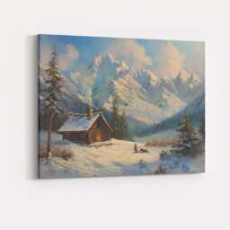 Snowy Mountain Cabin Winter Landscape Painting Canvas Wall Art Print Decor Picture Ready To Hang - thumbnail 4