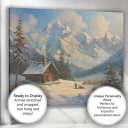 Snowy Mountain Cabin Winter Landscape Painting Canvas Wall Art Print Decor Picture Ready To Hang - thumbnail 3