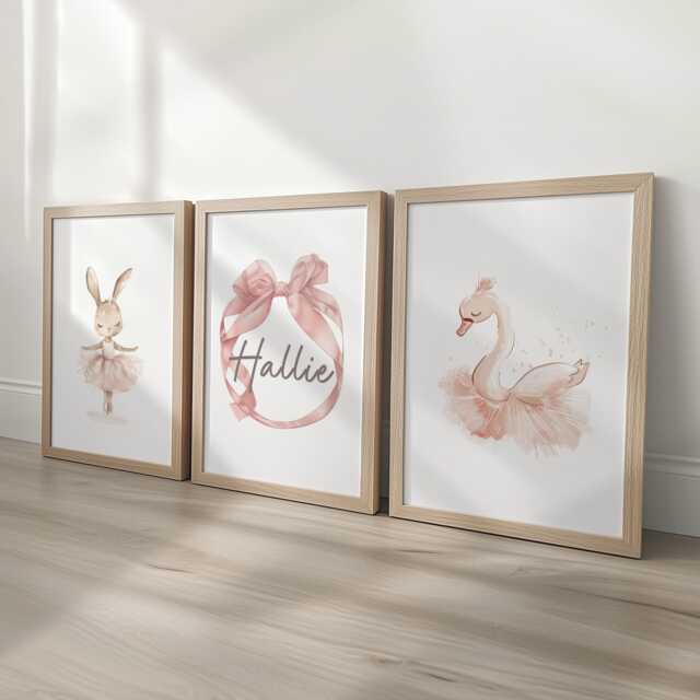Set Of 3 Personalised Girls Ballet Nursery Prints, Childs Custom Name Poster, Pink Dance Decor Wall Art For Nursery, Bedroom Or Playroom - image 1