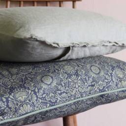 Floral Print Cotton Cushion Cover - Blue & Green Piping - 50x50cm - thumbnail 2