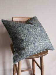 Floral Print Cotton Cushion Cover - Blue & Green Piping - 50x50cm - thumbnail 1