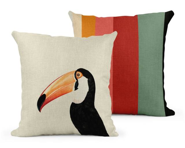 Toco Toucan Linen Cushion Mustard & Gray Throw Pillow, Hand Printed - image 1