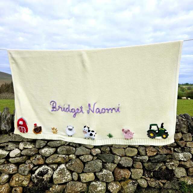 Gender Neutral Farm Theme Baby Name Blanket, Hand Embroidered Personalised Cotton Gift - image 1