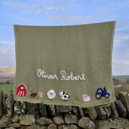 Gender Neutral Farm Theme Baby Name Blanket, Hand Embroidered Personalised Cotton Gift - thumbnail 2
