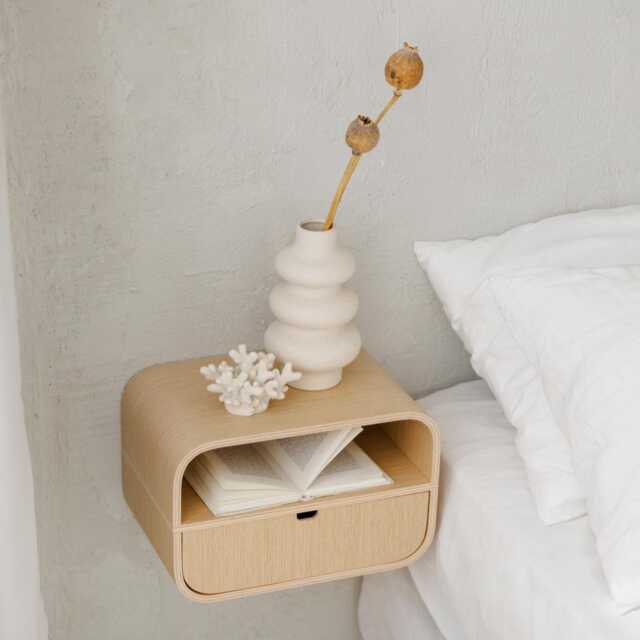 Floating Nightstand With Drawer, Minimalist Wall Mounted Oak Bedside Table, Scandinavian Shelf - image 1