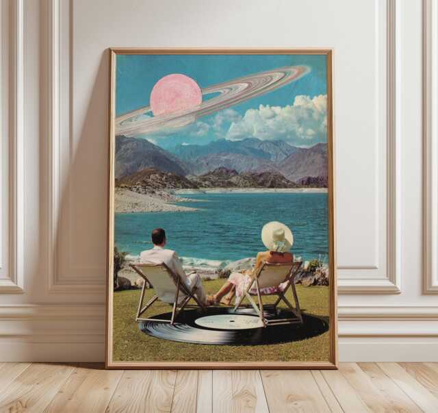 Surreal Beach Collage Art Print, Retro Dreamscape Wall With Saturn Sky, Vintage Pop Poster, Whimsical Cosmic Home Decor - image 1