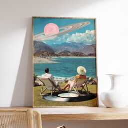 Surreal Beach Collage Art Print, Retro Dreamscape Wall With Saturn Sky, Vintage Pop Poster, Whimsical Cosmic Home Decor - thumbnail 2