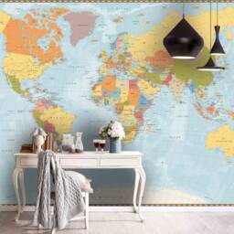3D World Map Wall Mural, Warm Tones, Peel & Stick Wallpaper - thumbnail 2