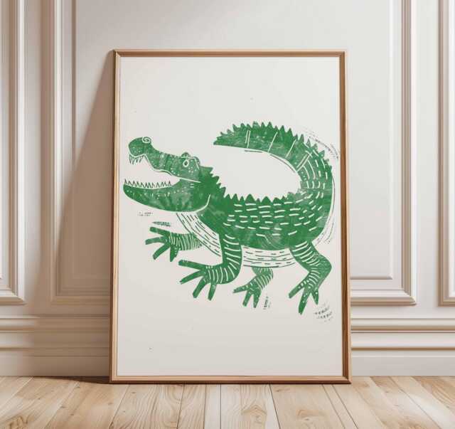 Crocodile Poster Animal Wall Art Print Green Linocut Style Illustration Kids Room Decor Gift - image 1