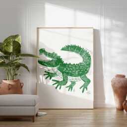 Crocodile Poster Animal Wall Art Print Green Linocut Style Illustration Kids Room Decor Gift - thumbnail 3