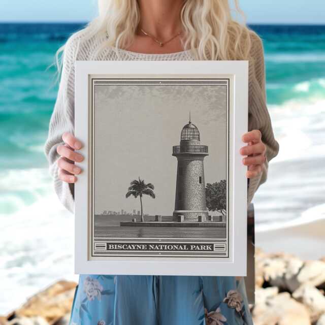Biscayne National Park Lithograph Style Print - Vintage Florida Archival Matte Fine Art Print. Boca Chita Lighthouse. Miami Travel Gift - image 1